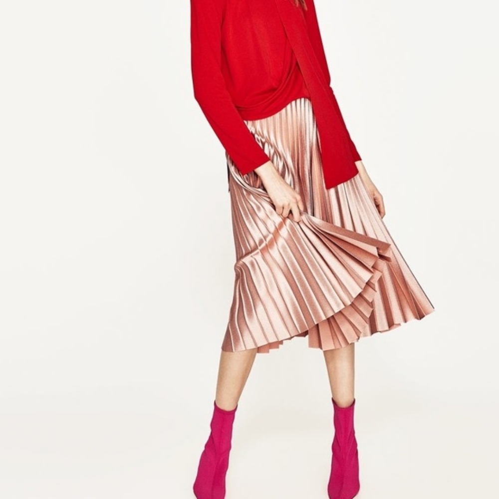 Zara Satin Pink Accordion Pleated Midi Skirt
